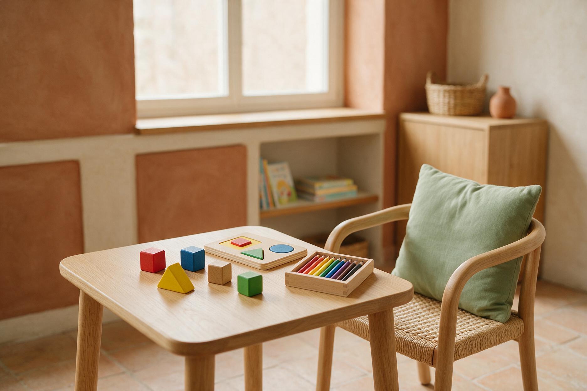 Child assessment room with wooden blocks and crayons, Clinique Octobre, Laval
