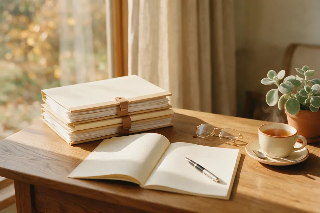 Desk with folders and a pen, clinical report writing at Clinique Octobre, Laval
