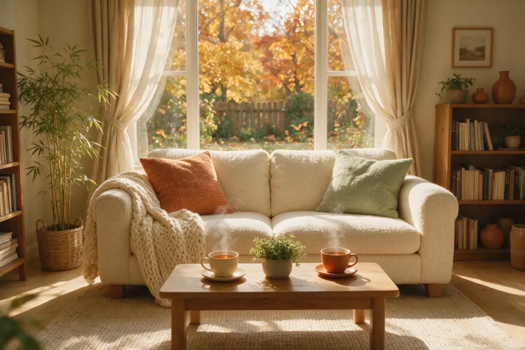 Cozy living room with a sofa and two cups of tea, couples therapy at Clinique Octobre, Laval